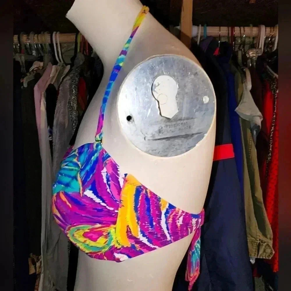 Trina Turk Tropical Bikini Top Swimwear Swimsuit Halter Neck Tie Back 6 or S M - Picture 2 of 6